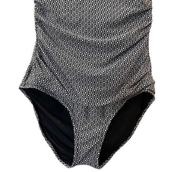 DKNY Women's Bandeau Swimsuit One-Piece UPF Black White Geometric Large - Picture 2 of 6